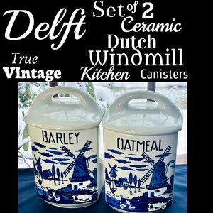 ▪️VTG▪️DELFT▪️Set of 2 Ceramic Dutch Windmill Barley & Oatmeal Kitchen Canisters